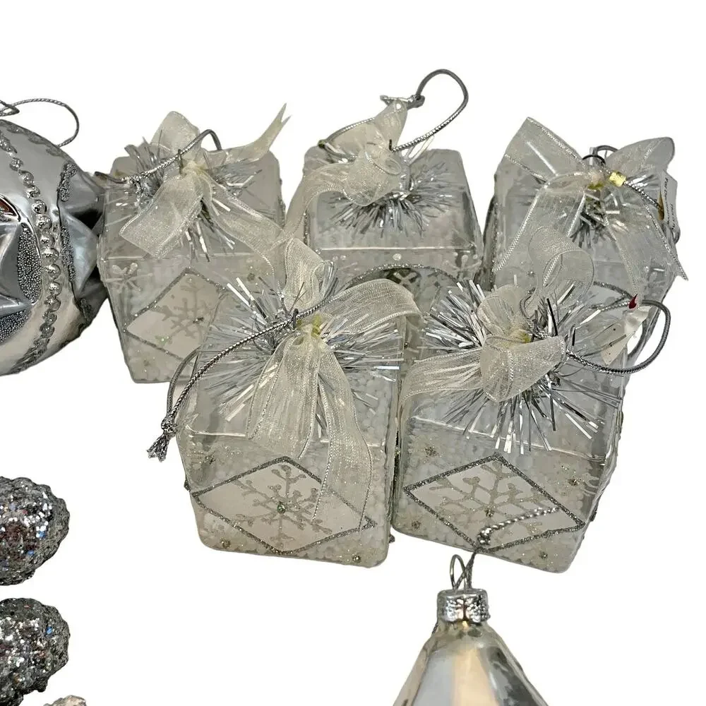 Large Lot Classy Silver Ornaments Gifts Snow Globes Drums Balls Berries Dillards
